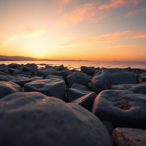 Capture a serene coastal landscape at sunset with smooth rocks in the foreground, distant mountains on the horizon, and calm waters reflecting the sky, using a DSLR camera with a 24mm lens, aperture f/8, shutter speed 1/125s, ISO 100, and a low-angle perspective to emphasize the rocks.
