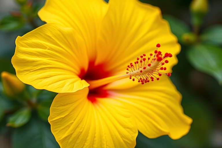 Create a vibrant illustration of a yellow hibiscus flower showcasing intricate petal details and contrasting red stamens, using a macro lens with an aperture of f/2.8, ISO 100, and a soft focus background to enhance image quality.