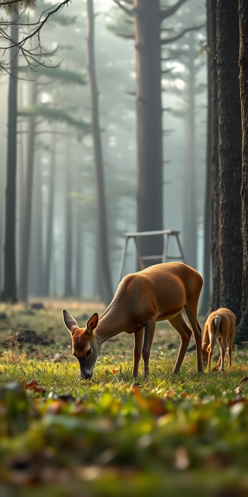 A deer grazing in a misty forest with tall trees, a hunting stand in the background, soft morning light, f/2.8 aperture, 50mm lens, ISO 100, shot from a low angle for depth, using a DSLR camera in portrait orientation.