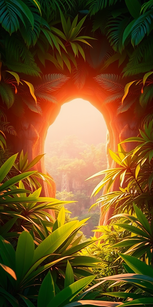 Generate a vibrant tropical jungle scene with a glowing portal framed by lush green foliage, shot with a DSLR camera at f/2.8 aperture, ISO 100, 24mm lens, top-down view, high dynamic range imaging, and soft focus for enhanced depth.
