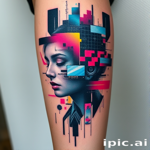 Glitch art tattoo incorporating digital distortion effects and pixelated elements, fragmented imagery and color shifts, modern technological aesthetic with a surreal twist