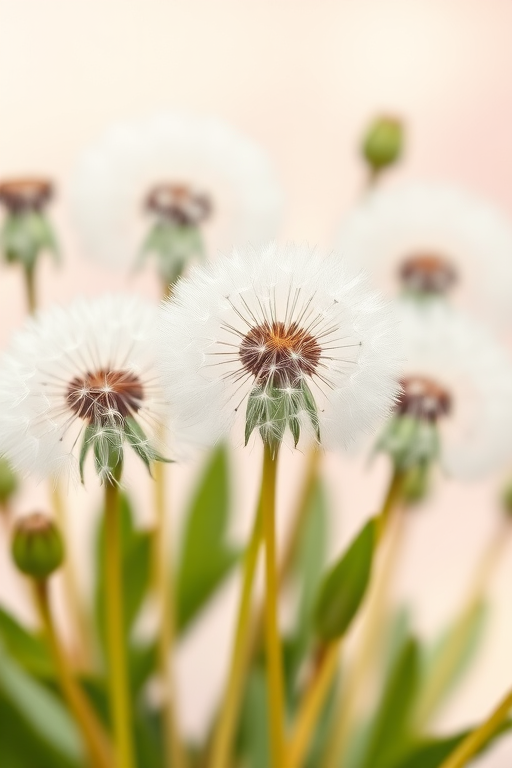 Create an illustration of dandelions with white fluffy seed heads and green leaves in a soft, pastel background, shot with a macro lens at f/2.8, ISO 100, 1/200s shutter speed, using a DSLR camera and a shallow depth of field for enhanced detail and clarity.