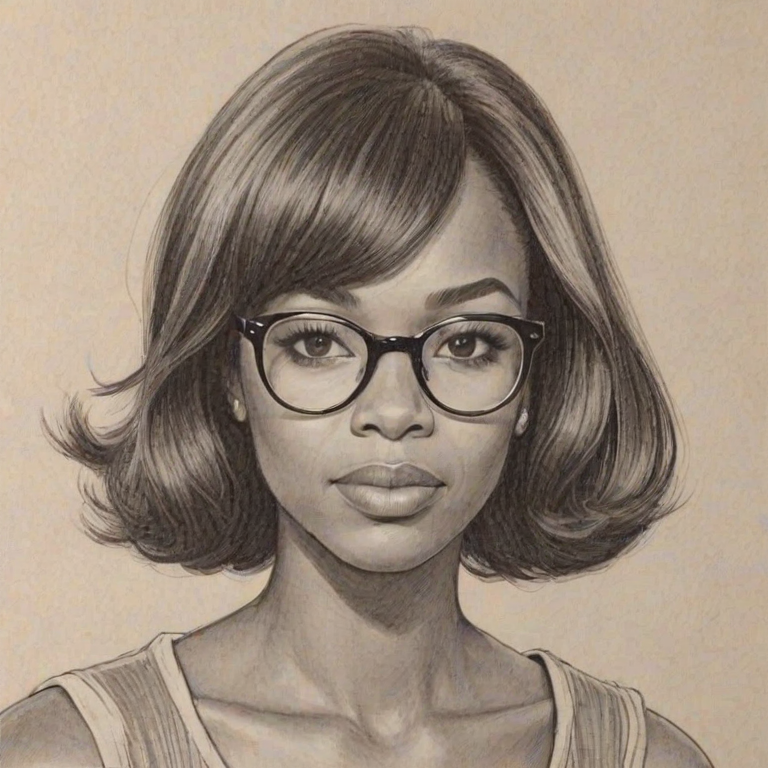 Lovely Monique Coleman, pencil sketch, portrait of Splendid woman 1965s in glasses, hair style beatnik, outline, clear lines, fine lines, 8k