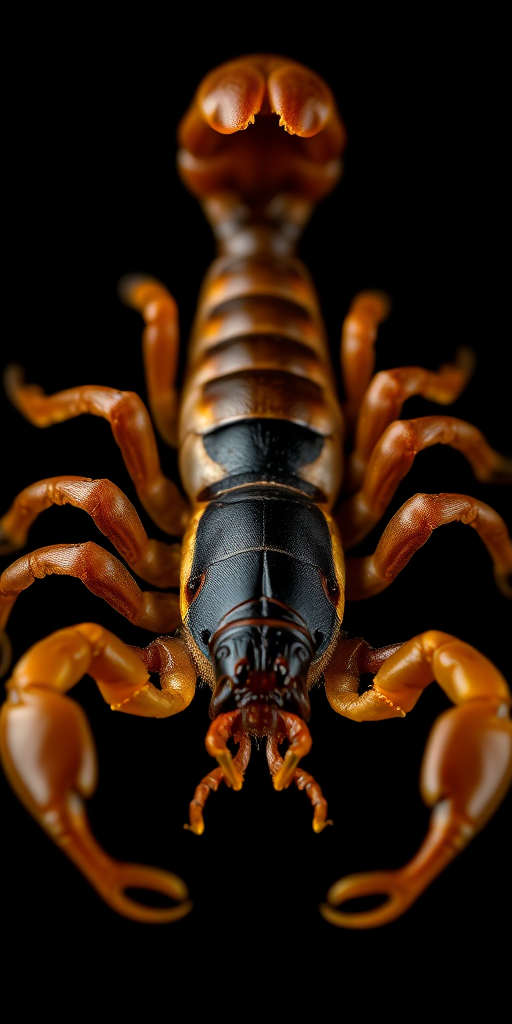 golden scorpion on a black background, macro shot, f/2.8 aperture, 1/125 sec shutter speed, ISO 100, softbox lighting, DSLR camera, high-resolution detail