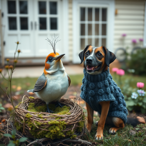 An image of a surreal, whimsical bird, a moss birds nest, sitting nearby is a dog, slightly smiling with a blueberry bobble stitch sweater, muted colors, natural textures, garden at back of house.
