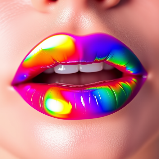 Prismatic lips in "Rainbow Prism" style, showcasing a spectrum of vibrant colors in a linear gradient, finished with a high-shine gloss for maximum impact