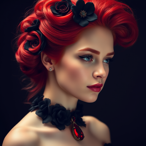 A young woman with bright red hair styled in a voluminous updo adorned with black floral accents, wearing a black choker with a large red gemstone pendant, looks off to the side with a slightly pensive expression, her face softly lit against a dark background.  The image is composed as a portrait, shot from a close-up perspective, with the subject filling most of the frame.  The woman's skin appears fair and flawless, with a subtle glow.  The overall atmosphere is elegant and slightly dramatic.