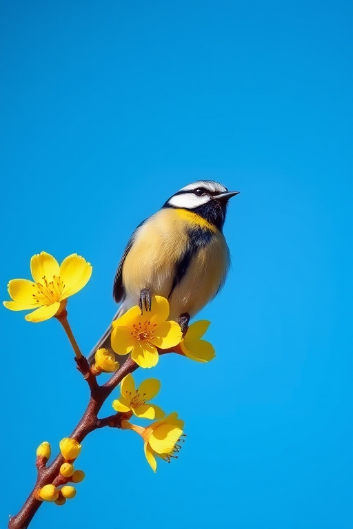 Capture a vibrant blue tit perched on a blooming yellow branch against a clear blue sky using a DSLR camera, 50mm lens, f/2.8 aperture, 1/250 sec shutter speed, ISO 200, natural light, and a slight upward angle for a focused composition.