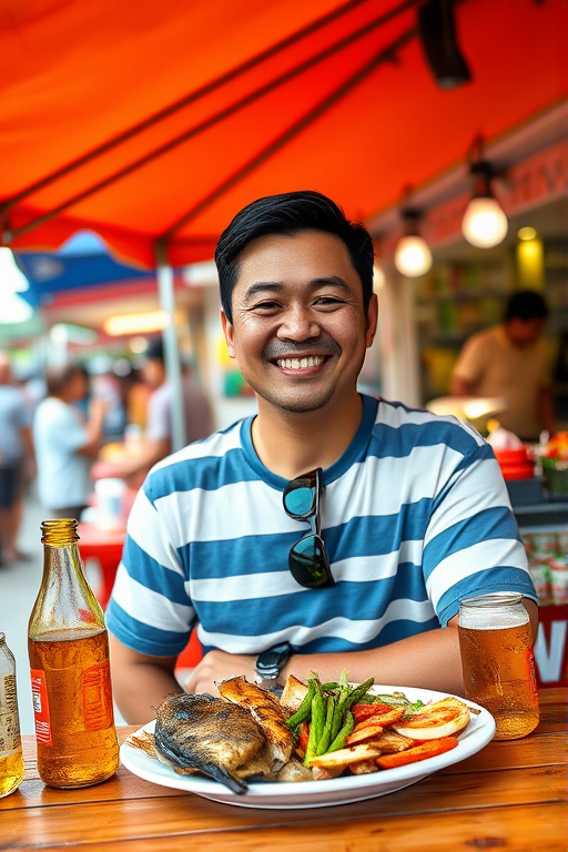 Medium shot photo of an East Asian man with a light to medium skin tone, seated at an outdoor food stall under an orange tent. He is smiling warmly, wearing a casual blue and white striped T-shirt, and a pair of sunglasses hangs around his neck. The man is enjoying a meal with a plate of mixed grilled fish and vegetables, which rests on a wooden table in front of him. A bottle of beer is placed on his left side, and a can of soda is near his right hand. The background features a bustling market scene, with several people visible, including someone serving food behind a counter with packaged goods. The warm, diffused lighting from the tent casts a soft orange glow on the setting, contributing to the lively, relaxed atmosphere of a street food market. The composition captures a casual, candid moment, emphasizing the vibrant, dynamic environment filled with colors and textures