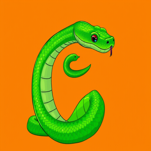 Create a vibrant illustration of a green snake coiling gracefully against a bright orange background, using a high-resolution digital drawing style, shot with a 50mm lens at f/2.8 for a soft background blur.