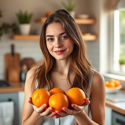 portrait of a young woman holding oranges in a stylish kitchen, soft natural light, aperture f/2.8 for shallow depth of field, 50mm lens for portrait style, DSLR camera, bright and vibrant color palette with a focus on the subject