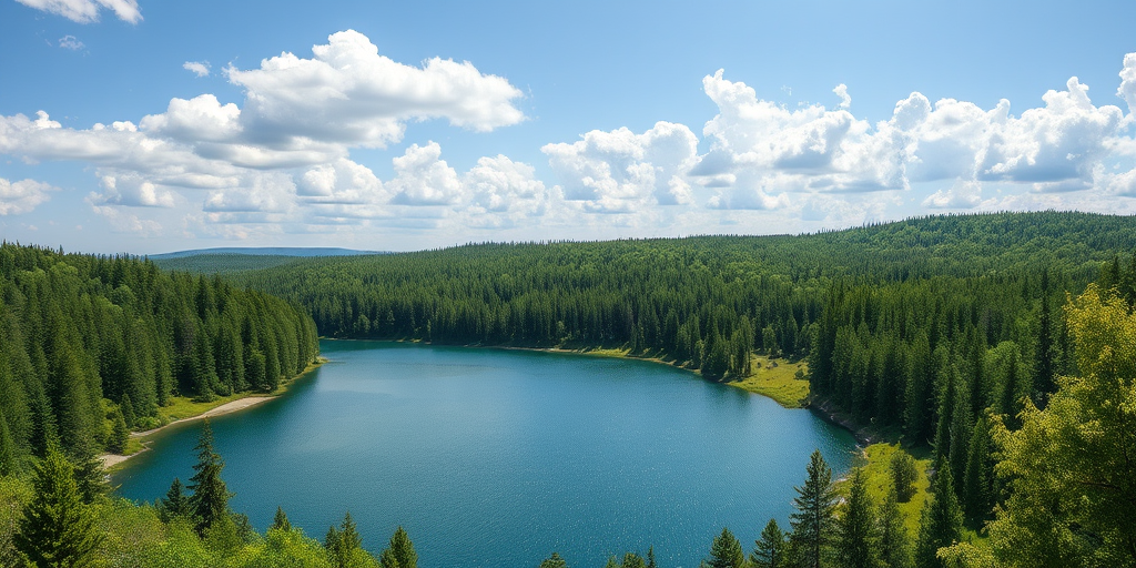 Generate a high-resolution image of a nature scene featuring a sparkling lake surrounded by lush green forests under a clear blue sky with fluffy white clouds, using a Nikon D850 camera at f/8 aperture, ISO 200, 1/200s shutter speed, captured from a wide-angle perspective to emphasize the landscape.