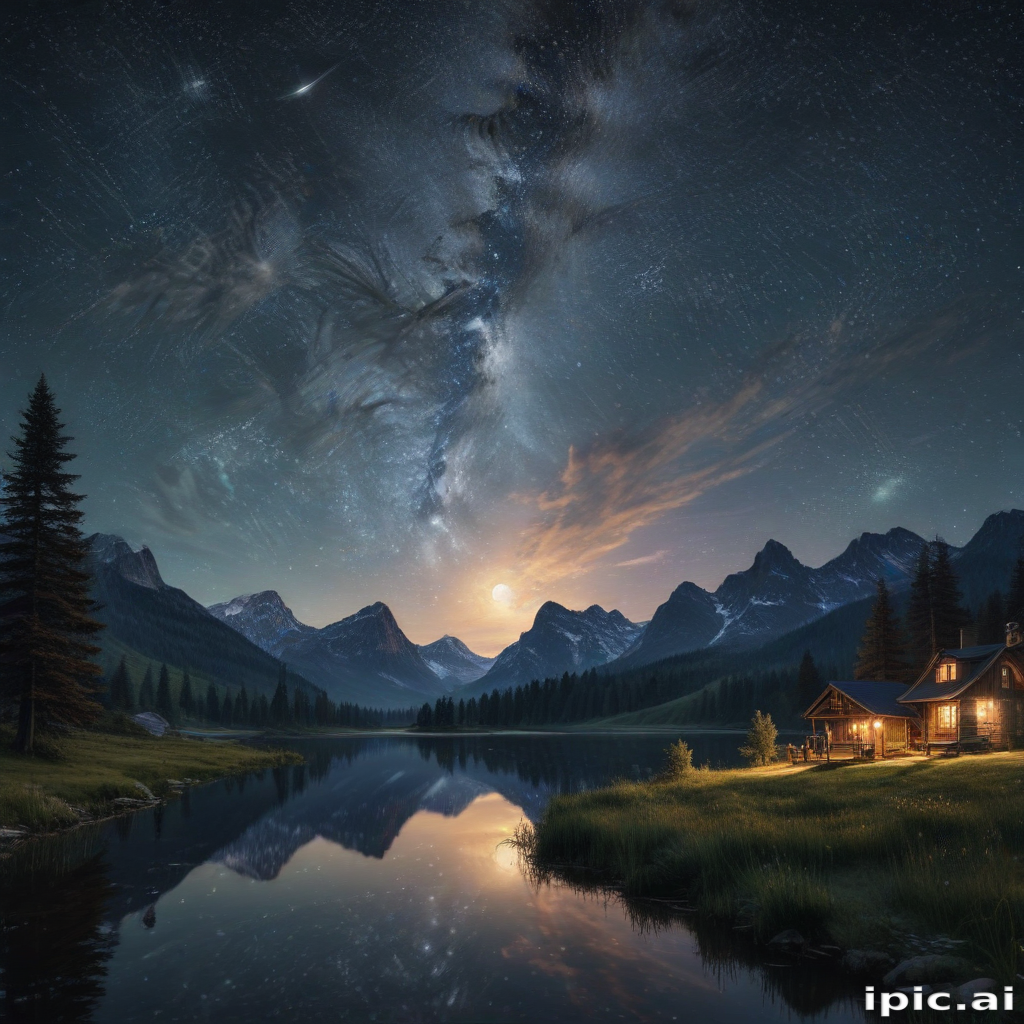 A Tranquil Evening by the Lake Under a Starry Sky and Mountains.