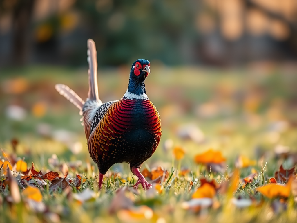 capture a close-up of a colorful pheasant walking in a grassy area with autumn leaves, shallow depth of field, golden hour lighting, 50mm lens, f/2.8 aperture, ISO 200, DSLR camera, natural setting