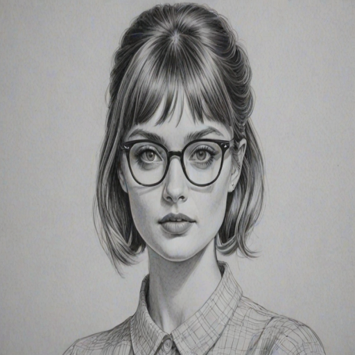 Resplendent Bella Heathcote, pencil sketch, portrait of Pleasing woman 1963s in glasses, hair style beatnik, outline, clear lines, fine lines, 8k