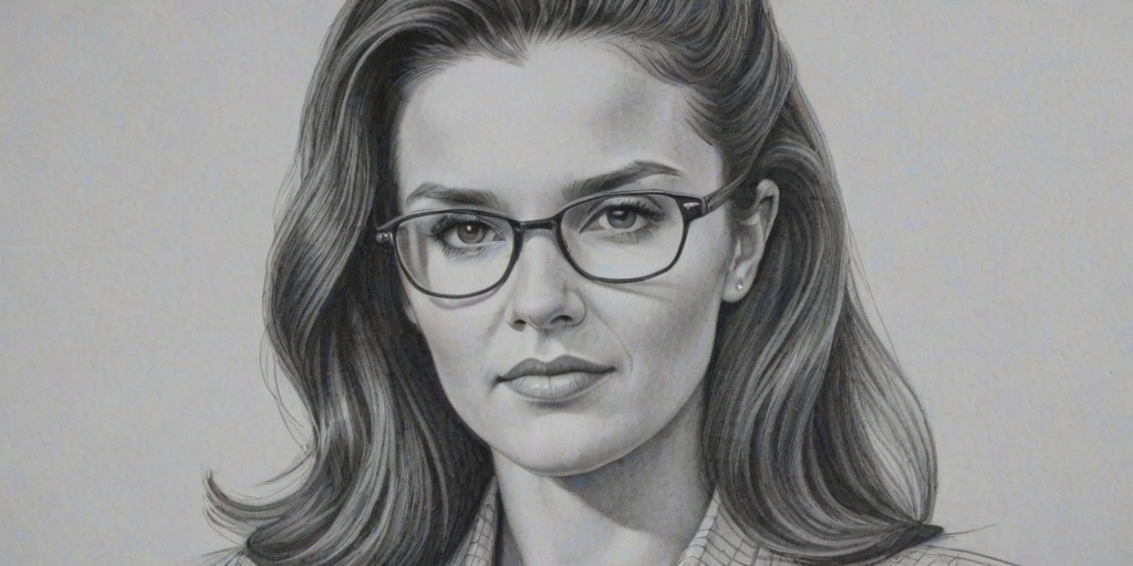 Comely Danica Patrick, pencil sketch, portrait of Magnificent woman 1945s in glasses, hair style beatnik, outline, clear lines, fine lines, 8k