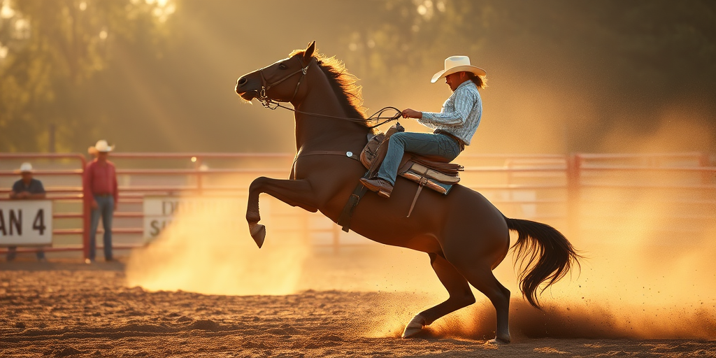 Capture a dynamic rodeo scene featuring a rider on a rearing horse with dust flying, shot in natural light during golden hour, using a Canon EOS R5 camera, 85mm lens, aperture f/2.8, shutter speed 1/1000s, ISO 400, with a shallow depth of field to emphasize action.