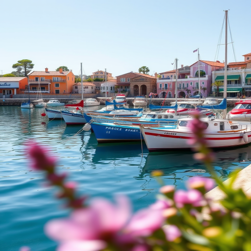 capture a vibrant coastal scene with boats moored in a tranquil harbor, use a DSLR camera with a 50mm lens, aperture f/1.8 for shallow depth of field, ISO 100 for rich color details, and a low angle view to enhance foreground elements.