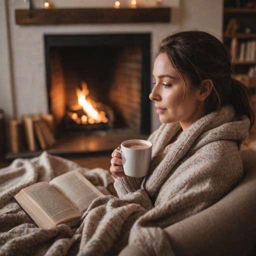 Soft-focus image of a woman at a cozy fireplace, wearing soft loungewear, holding a mug of hot chocolate, with a stack of books and a warm blanket nearby, creating a relaxing atmosphere.