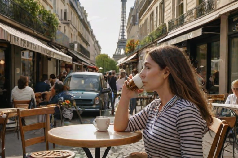 Cafe terrace on a Parisian street, with the Eiffel Tower visible in the distance, a woman in a striped shirt sips espresso, people-watching from her small round table.