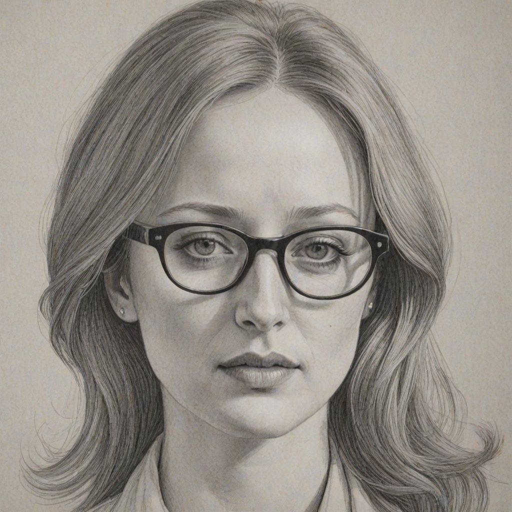 Magnificent Andrea Riseborough, pencil sketch, portrait of Elegant woman 1973s in glasses, hair style beatnik, outline, clear lines, fine lines, 8k