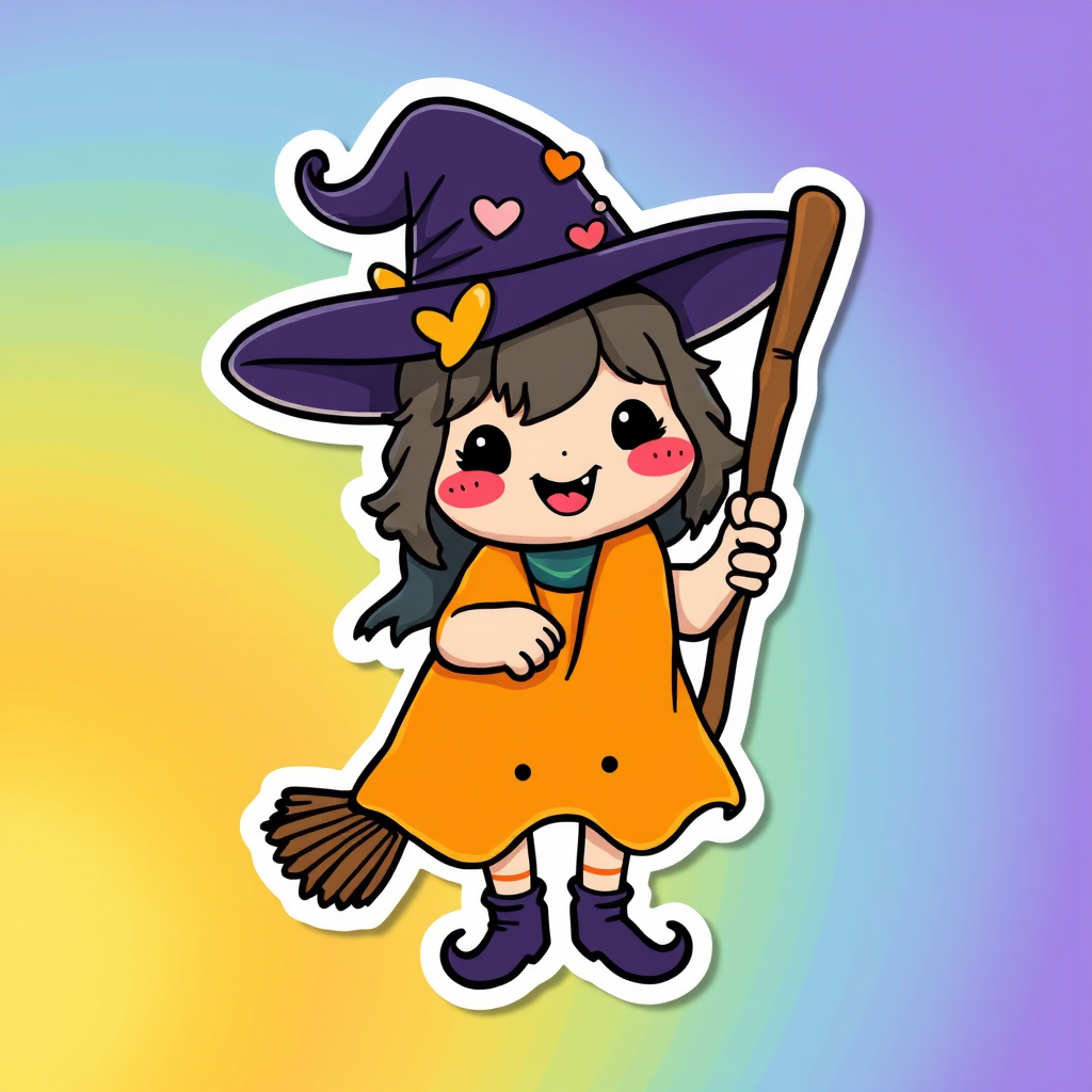 imagine a kawaii Playful witch finger sticker, 3d digital art, colorful background, sticker line weight