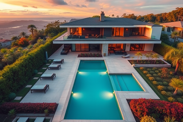 regenerate the image of a modern house with a swimming pool and garden landscape, camera settings: ISO 100, aperture f/8, shutter speed 1/250, camera view: aerial view, camera style: vibrant colors, camera type: DSLR
