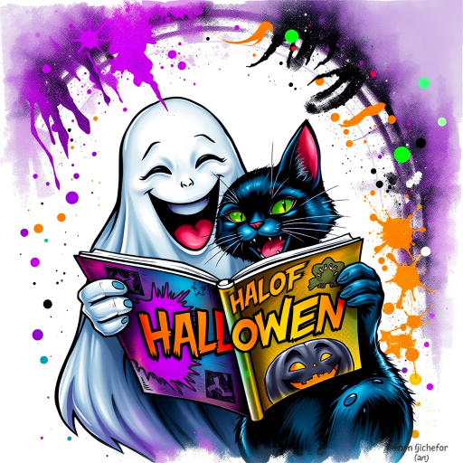 Image of a ghost and a black cat laughing exaggeratedly , and reading a comic halloween comic book, alcohol ink airbrush style, funny halloween theme, white background with neon purple, neon orange, neon green splash, black sparkles stars , dazzling BG