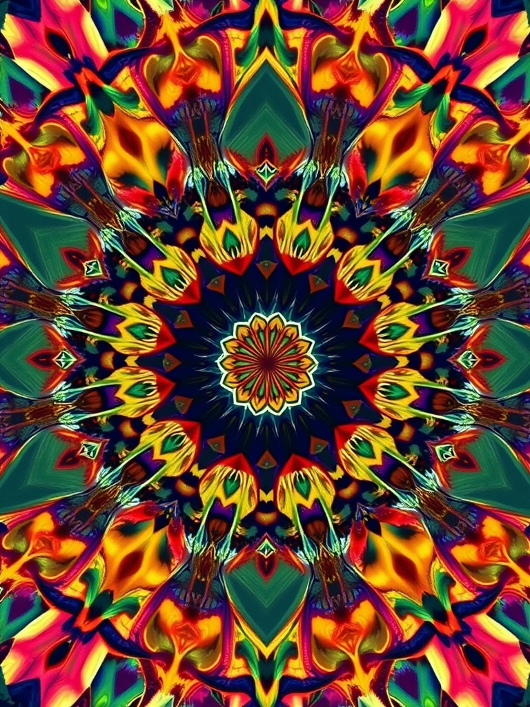 Create a high-resolution illustration of an abstract geometric pattern with vivid colors and intricate shapes, using a 50mm lens, f/1.8 aperture, 1/125 sec shutter speed, taken from a top-down perspective with a digital DSLR camera to enhance image quality.