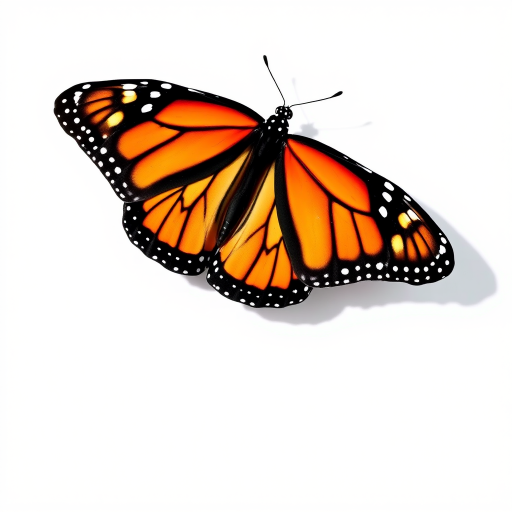 Generate an image of a monarch butterfly with vibrant orange and black wings, positioned in mid-flight against a plain white background, casting a subtle shadow beneath it.