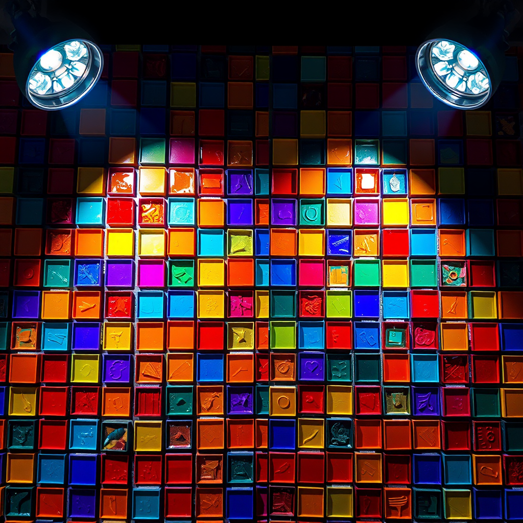 vibrant abstract mosaic wall with colorful squares illuminated by two spotlights, high dynamic range imaging, f/8 aperture, 1/60 sec shutter speed, ISO 100, wide-angle lens, DSLR camera, top-down view