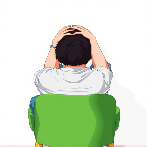 Create a high-resolution illustration of a person sitting on a green chair with their head in their hands, using a DSLR camera with a 50mm lens, f/1.8 aperture, 1/100 shutter speed, and ISO 200, in a soft natural light setting to enhance detail and color vibrancy.