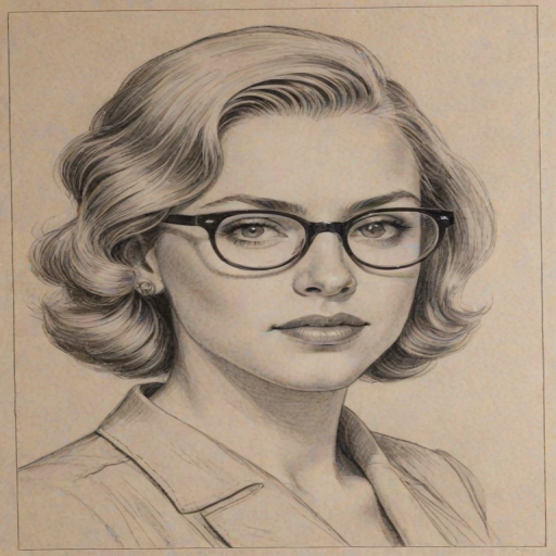Superb Greta Garwig, pencil sketch, portrait of Beauteous woman 1936s in glasses, hair style beatnik, outline, clear lines, fine lines, 8k