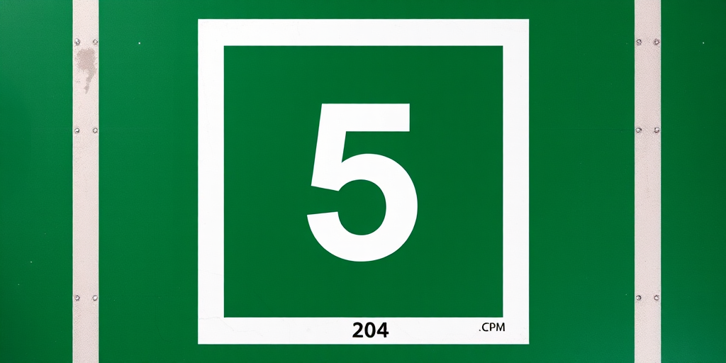 Create a high-resolution image of a large green square with a bold white number 5 in the center, captured with a DSLR camera at f/2.8 aperture, 50mm lens, ISO 100, top-down view, and enhanced sharpness and contrast.