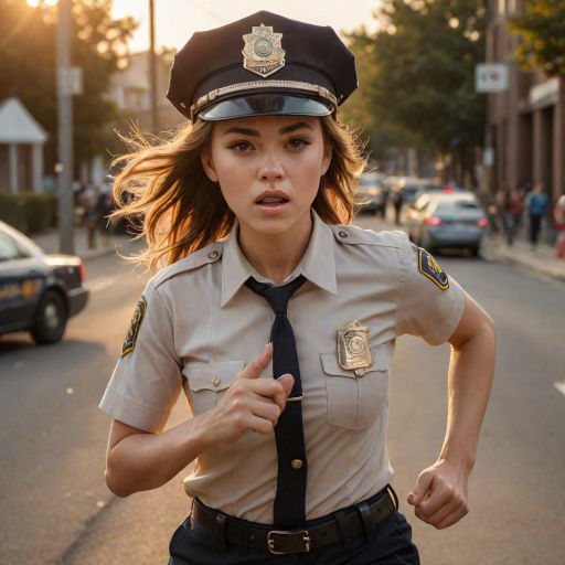 beautiful girl, beautiful face, running, angry,  cute body type, police cap, police, cop, police uniform, Beige, Blunt Cut,   Golden Hour Lighting,  Rule of thirds composition, ultra high res, masterpiece, (photorealistic:1.4), 1girl, cute