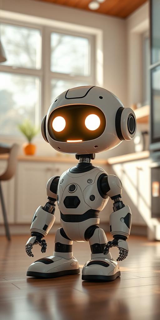 Create a high-resolution image of a cute, futuristic robot with a glowing face, situated in a modern kitchen with wooden floors and bright sunlight streaming through large windows, using a DSLR camera with a 50mm lens, aperture set to f/1.8, ISO 100, and a soft focus effect for enhanced depth.
