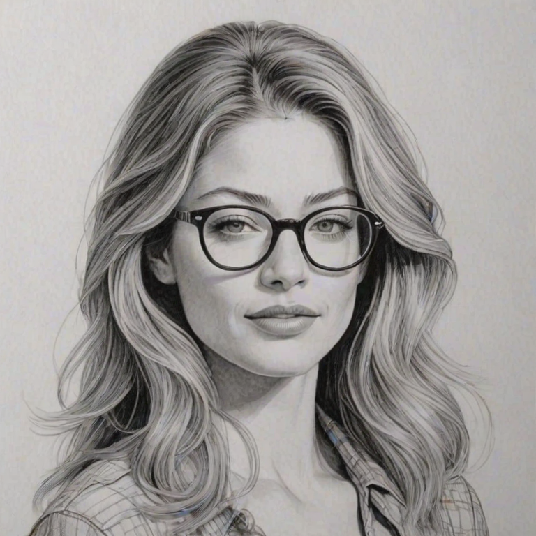 Comely Rebecca Gayheart, pencil sketch, portrait of Sublime woman 1973s in glasses, hair style beatnik, outline, clear lines, fine lines, 8k