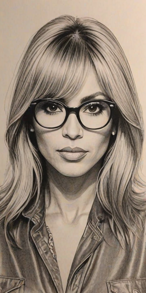 Gorgeous Cathy Guetta, pencil sketch, portrait of Alluring woman 1945s in glasses, hair style beatnik, outline, clear lines, fine lines, 8k