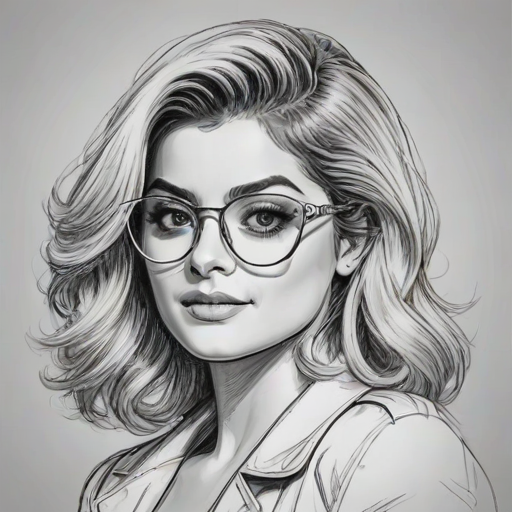 Radiant Bebe Rexha, pencil sketch, portrait of Attractive woman 1945s in glasses, hair style beatnik, outline, clear lines, fine lines, 8k