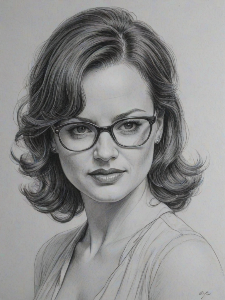 Attractive Carla Gugino, pencil sketch, portrait of Enticing woman 1937s in glasses, hair style beatnik, outline, clear lines, fine lines, 8k