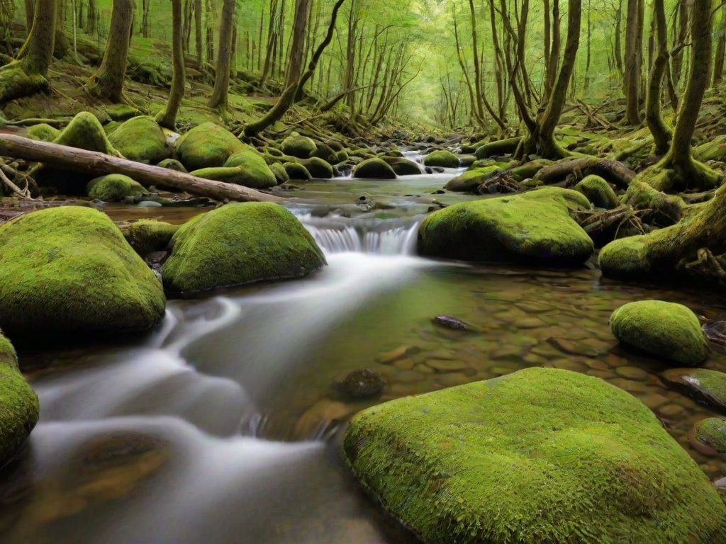 a serene flowing stream with smooth water over moss-covered rocks, surrounded by lush greenery and fallen branches, capturing the essence of nature's tranquility