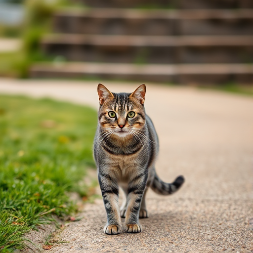A gray tabby cat standing on a path with grass and steps in the background, captured with a DSLR camera at f/2.8 aperture, ISO 200, 50mm lens, natural light, shallow depth of field.