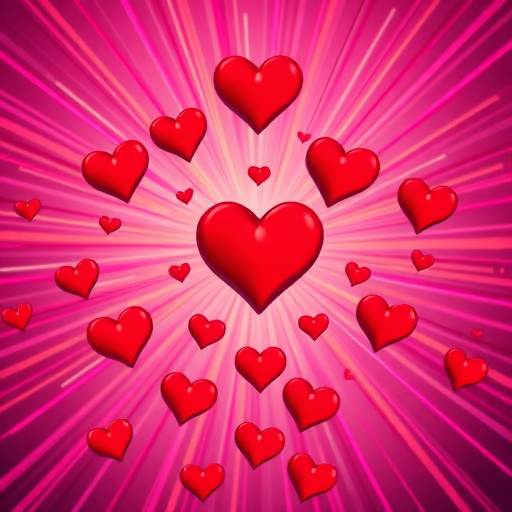 create a vibrant background with pink and orange rays radiating from the center, overlay with various red hearts in different sizes, use a Canon EOS R5, aperture f/4, ISO 100, 24mm lens, portrait orientation, high dynamic range technique to enhance colors and details