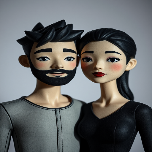 Create a high-resolution image of two stylized figures, one male and one female, standing closely together, using soft lighting and subtle shadows for depth, shot with a DSLR camera at f/2.8 aperture, ISO 100, 50mm lens, in a portrait orientation to highlight their features and expressions, with a focus on texture and detail in their forms.