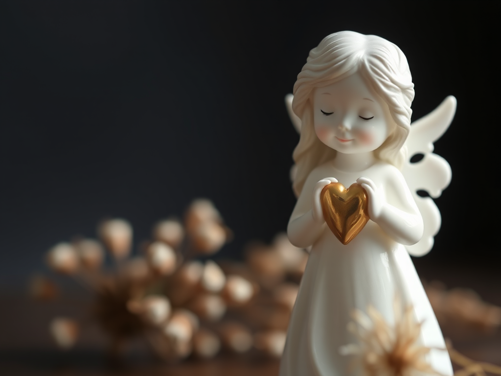 portrait of a white porcelain angel figurine with a gold heart against a dark background with blurred dried flowers, shallow depth of field, f/1.8 aperture, 50mm lens, ISO 200, soft natural lighting, captured with a DSLR camera