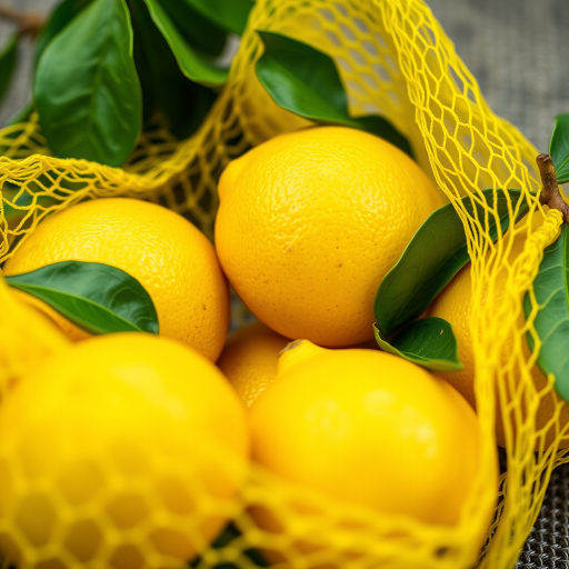macro shot of fresh lemons in yellow netting on a textured surface, f/2.8, ISO 100, 1/200s, natural light, DSLR camera