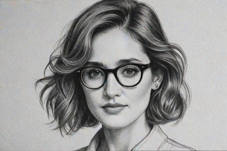 Comely Rose Byrne, pencil sketch, portrait of Beauteous woman 1980s in glasses, hair style beatnik, outline, clear lines, fine lines, 8k