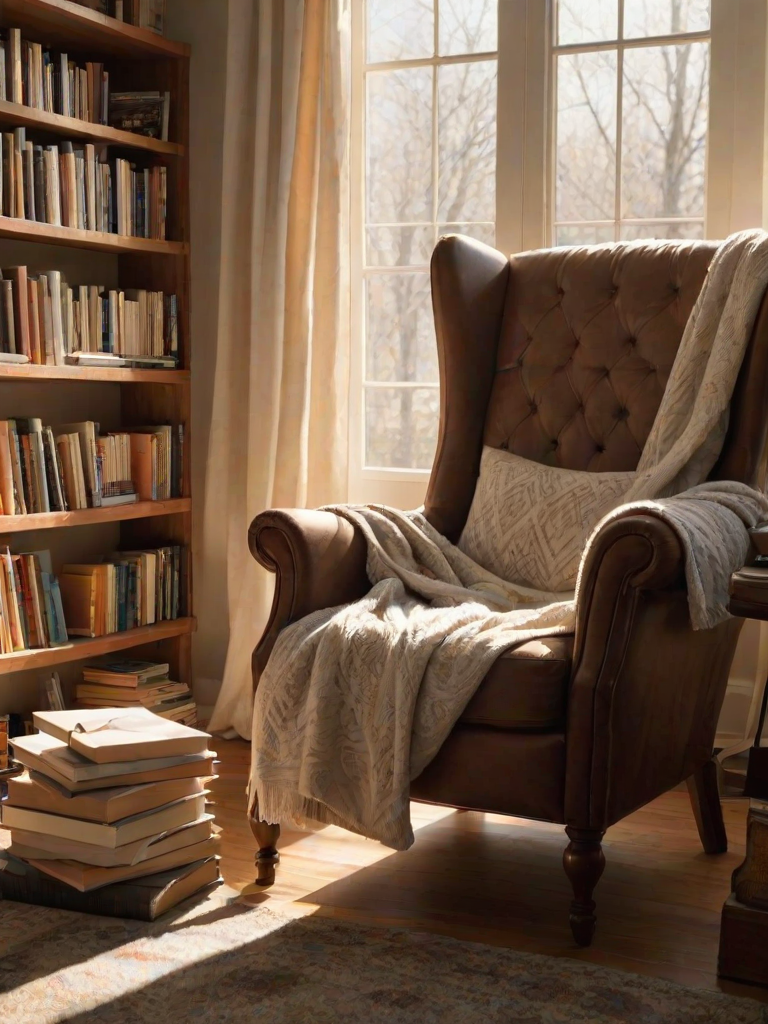 Warmly lit photo of a reading nook with a comfy chair, soft blankets draped over it, and a stack of books, with gentle sunlight streaming through a nearby window.