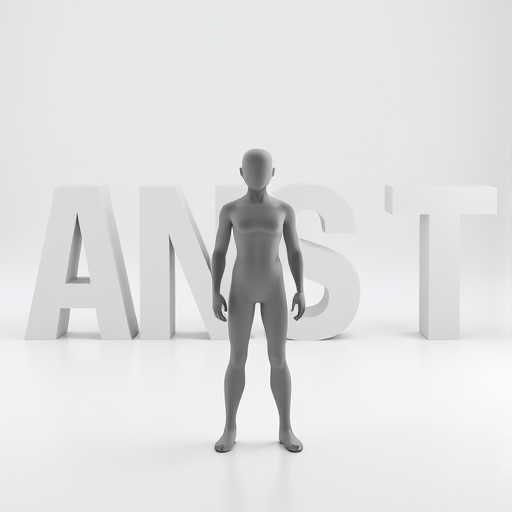 Create a 3D render of a gray humanoid figure standing in a contemplative pose, surrounded by oversized letters spelling "ANGST" in a stark white environment, using a DSLR camera with a 50mm lens, aperture set to f/1.8, shutter speed at 1/125s, ISO 100, and a soft diffused lighting setup for an enhanced depth of field and clarity.