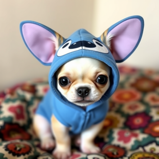 Create an image of a small dog wearing a blue hoodie with large floppy ears, resembling a cartoon character, sitting on a patterned blanket.